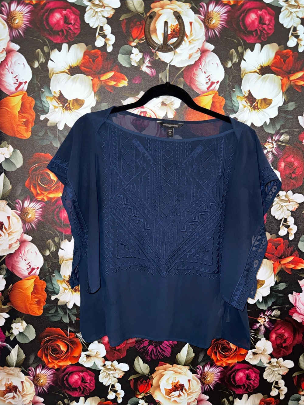 Banana Republic Navy Embroidered Sheer Flutter-Sleeve Top, Medium Petite